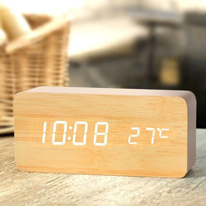 Wooden Digital Alarm Clock with Temperature Display